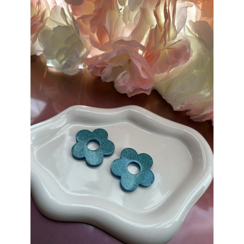 Pampilles fleurs bleu pailletée 40mm – Créa by Vanou